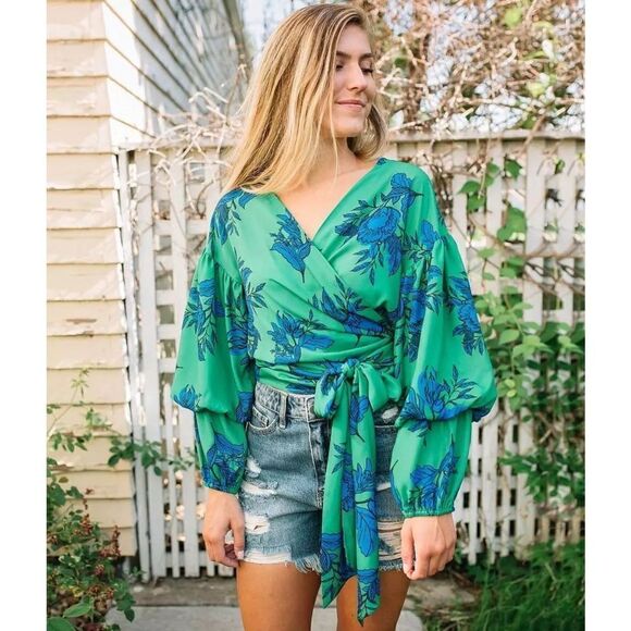 Jealous Tomato Green and Blue Wrap Blouse - Picture 1 of 6